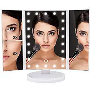 Luxury Lighted Makeup Vanity Mirror with 22 Dimmable LED Lights, White Trifold 3X/2X/1X Magnification 180° Adjustable Rotation, Battery USB, Bathroom Cosmetic Travel Glass Light Up Touchscreen Control