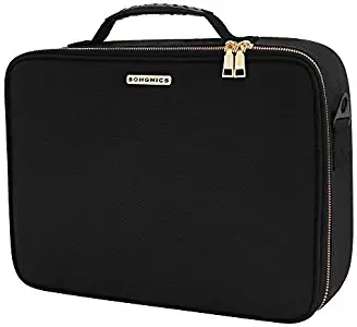 SONGMICS 15.1 Inch Travel Makeup Bag Makeup Train Case with 9 Adjustable Dividers, Hard Shell Cosmetic Bag Organizer Travel Kit, Artist Case with Brush Holders, Black UMUC21BK