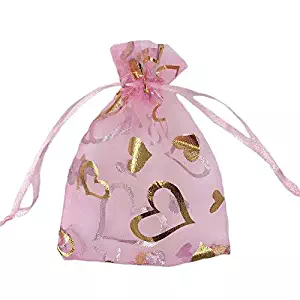 SumDirect 100Pcs 3.5x4.7 inches Sheer Drawstring Heart Organza Jewelry Pouches Wedding Party Christmas Favor Gift Bags (Pink)