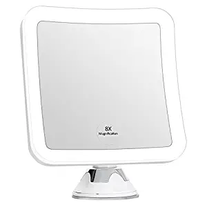 KEDSUM 8X Magnifying LED Lighted Makeup Mirror, 6.3" Wide Travel Mirror with Lights and Strong Suction Cup, 360 Rotation, Compact, Cordless, Battery Operated, Portable Illuminated Bathroom Mirror