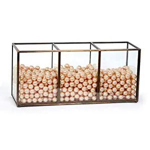 Bronze & Glass Makeup Brush Holder Cosmetic Organizer Pen Cup Jar Office Accessories Containers With Pearl Beads - 3 Compartments by CANDIKO