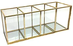 Isaac Jacobs 4-Compartment Organizer- Makeup Brush Holder- Vintage Style Brass and Glass Storage Solution with Mirror Base- Office, Bathroom, Kitchen Supplies and More (Antique Gold)