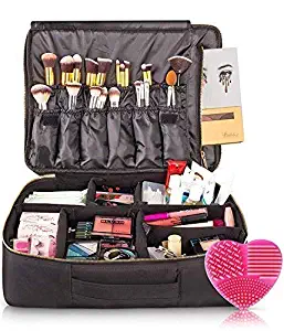 habe Extra Large Travel Makeup Bag - Crack-Proof Dividers – Ultra Big Professional Organizer Train Case Makeup Artists Bags for Women and Cosmetic Organizers Storage Box Cases (XL, Black, 16x12x5 in)