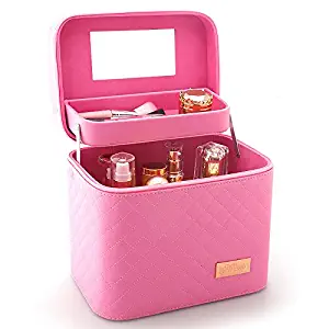 Sooyee Professional Makeup Train Case with Mirror - Cosmetic Studio Box Designed To Fit All Cosmetics Make Up Bag Organizer Train Case for Women (PINK)