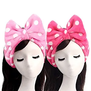 Lovely Headband,Makeup Headbands,2 Pieces Flannel Bowknot Mask Hairband Wash Face Towel Hair Band for Hair Accessories(Red White Polka Dot + Pink White Polka Dot)