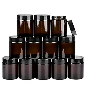 Encheng 12Pack of 4 oz Amber Round Glass Jars, with Inner Liners and black Lids,Empty Cosmetic Containers,Cream jars … …