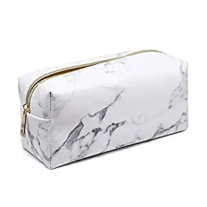 Mikey Store Marble Makeup Bag Organizer, Portable PU Cosmetic Pouch Travel Brush Holder Pencil Storage Case for Women (7.5"x3.5"x2.8") (White)