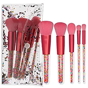 5pcs Candy Quicksand Transparent Handle Makeup Brushes Set For Women and Girls Daily Foundation Powder Brush Blush Brush Eyeshadow Brush Comestic Brush Set Makeup Tool with Shinny bag