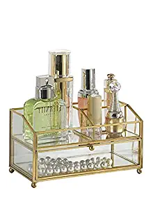 YinZhiBoo Makeup Organizer Drawers Glass Jewelry Storage with Brass Metal Large Capacity Fit Different Size of Cosmetic Brushes Palettes Lipsticks 1 Drawer 3 Compartment