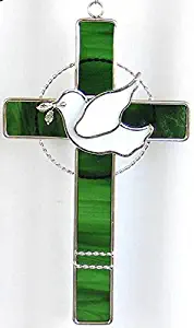 Stained Glass Cross with Dove - Teal Green