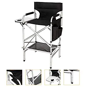 Mefeir Upgraded Director Makeup Artist Chair Bar Height, Aluminum Frame Supports 300 lbs, Folding Portable with Side Table Storage Bag Black (33.8" L x 19.2" W x 45.6" H)