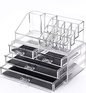 Sooyee Makeup Organizer 2 Pieces Clear Acrylic Jewelry and Cosmetic Storage Display Boxes with 4 Drawers 4 Tier