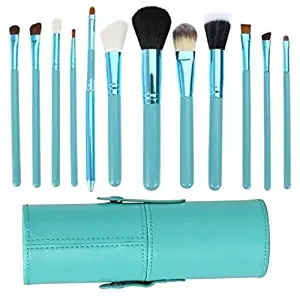 Garrelett 12 Pcs Makeup Brush Set Nylon Wool Wood Cosmetic Brushes Kit Toiletry Kit + Green Cup Holder Case