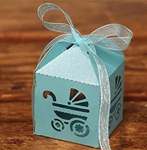 KAZIPA 50PCS Baptism Favor Boxes, 2.2''x2.2''x2.2''Laser Cut Gift Boxes with 50 Ribbons for Baby Shower Favors Baptism Decorations First Birthday Party, Blue