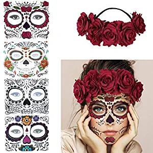 4 Kits Day of the Dead Sugar Skull Temporary Face Tattoo Makeup Tattoo for Men and Women with 1 Rose Red Flower Crown Headband for Halloween Costume