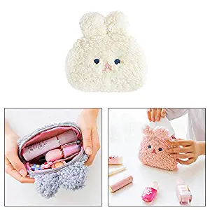 Volwco Rabbit Plush Purse Bag Small Makeup Bag Mini Coin Purse Zipper Cute Makeup Pouch Travel Cosmetic Bag for Women Girls - White