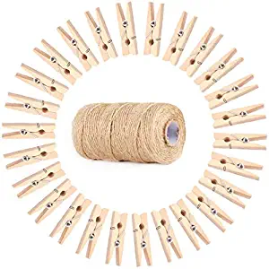 100pcs Mini Wood Clips with 300FT Jute Twine Small Natural Wooden Clothespins Baby Clothes Pins Hanging Pictures Artworks Cards Christmas Socks Clip for Home School Arts Crafts Decor