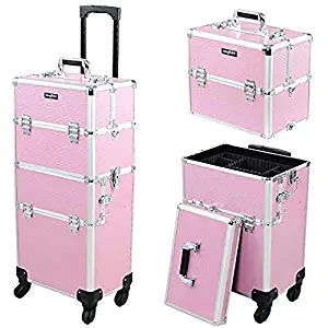 Mefeir 2-IN-1 Rolling Makeup Train Case w/Extra Bottom Lid,4 Removable Wheels Travel Lift Handle+Strap,Lockable Beauty Cosmetic Trolley Artist Salon Stylist Organizer,Pink