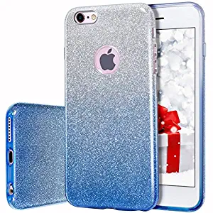 MILPROX Compatible iPhone 6S, iPhone 6, Shiny Glitter CASE [Bling Crystal Clear][Extremely Sparkly], Slim Premium 3 Layer Hybrid, Anti-Slick/Protective/Soft Case- 4.7 Blue+Silver