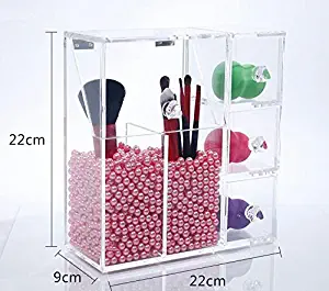 Ldbby Makeup Brush Holder, Acrylic Makeup Organizer with 2 Brush Holders and 3 Drawers Dustproof Box with Free Pink Pearl