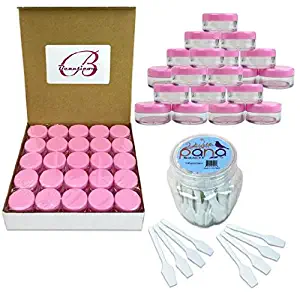 Beauticom 5G/5ML Empty Clear Plastic Cosmetic Container Jars with Screw Cap Lids & Disposable Plastic White Spatulas (50 Pieces, Pink)