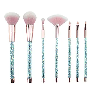 Makeup Brushes Set, AMZPAY 7 Pcs Bling Crystal Handle Blending Brush Tool Face Eye Lip Brush Foundation Powder Eyeshadow Eyeliner Blush Lip Concealer Powder Liquid Cream Cosmetic Brushes (Blue)