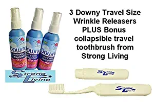 Downy Wrinkle Releaser 3 Count, Travel Size Light Fresh Scent 3 Fl Oz. PLUS Bonus Strong Living Folding Travel Toothbrush