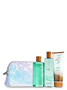 Bath and Body Works AT THE BEACH Seashell Cosmetic Bag - Body Cream - Fine Fragrance Mist & Shower Gel inside an iridescent seashell cosmetic bag