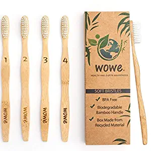 Wowe Lifestyle Natural Organic Bamboo Toothbrush Eco-Friendly Wood, Ergonomic Biodegradable Handle , Soft BPA Free Bristles, Pack of 4