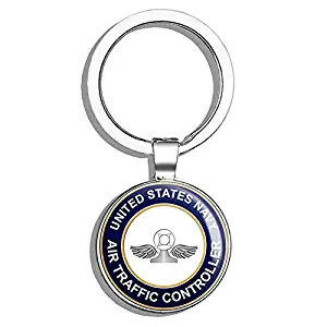 HJ Media US Navy Air Traffic Controller AC Military Veteran USA Pride Served Metal Round Metal Key Chain Keychain Ring