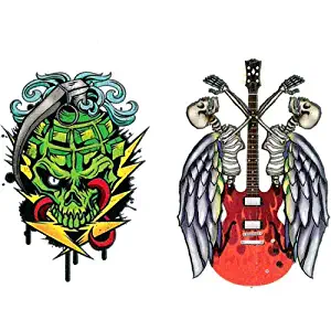 | Night Vision | Waterproof Temporary Tattoo - Glow in The Dark Grenade Skull & Electric Guitar - Removable Body Art Sticker for Men Boys Kids | Made in USA