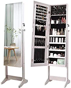 YOKUKINA Lockable Jewelry Cabinet Free Standing, Large Storage Armoire, Full Screen Dressing Mirror Organizer. (Off White)