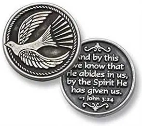 DOZEN (12) HOLY SPIRIT - Dove - Pewter POCKET Tokens JOHN 3:24 - HE Abides in Us - 1" Metal Coin - INSPIRATIONAL Gift - KEEPSAKE - Christianity BAPTISM - Communion