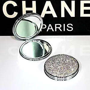 TISHAA Bedazzled Luxury Sparkle Crystal Shiny Stylish Rhinestone Bling Bling Double Sided Compact Makeup Mirror, For Purse/Travel/Gift For Women (White)