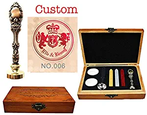 MNYR Retro Custom Name Crown Shield Family Crest Wax Seal Stamp Customize Curvy Monogram Personalized Design Logo Wedding Wax Seal Sealing Stamp Invitation Melting Spoon Stick Candle Wood Box Gift Set