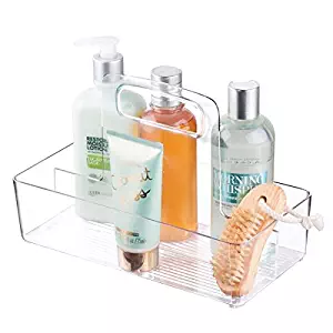 mDesign Plastic Portable Bathroom Storage Organizer Caddy Tote, Divided Basket Bin with Handle - Holds Hand Soap, Body Wash, Shampoo, Conditioner, Lotion, Face Masks, Makeup - Small, Clear