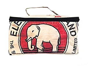 Eco Friendly Upcycled Make up Bag/Travel Kit/Cosmetic Bag by Serado - Handmade in Cambodia from Recycled Cement & Feed Bags - Elephant, Tiger, Mermaid & Fish Designs (Cream w/Red Elephant)