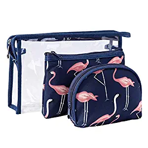 Makeup Bag, Cosmetic Travel Bag for Women, Flamingo Brush Organizer Toiletry Bags Set Portable Storage Bag Waterproof Handbag Travel Organizer Makeup Case (Set of 3, Blue)