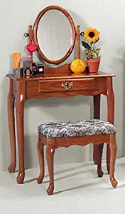 Oak Vanity & Stool Set (Vanity Table, Bench, & Mirror)