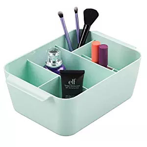 mDesign Plastic Makeup Storage Organizer Caddy - Divided Basket Bin for Bathroom Vanity Countertop, Cabinet - Holds Eyeshadow Palettes, Nail Polish, Brushes, Shower Essentials - Small - Mint Green