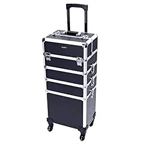 Mefeir 4-in-1 Rolling Makeup Train Case,4 Removable Wheels w/Lift Handle+Lockable Key,Aluminum Trolley Cart Travel Beauty Cosmetic Artist Stylist Organizer Box (Black)