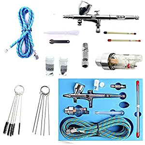 Xmasir Dual Action Airbrush Kit 0.2/0.3/0.5mm Needle Spray Gun Complete Set for Tattoo Makeup,Nail Painting,Cake Decor + 2 X Air Brush Cleaning Repair Tool Kit