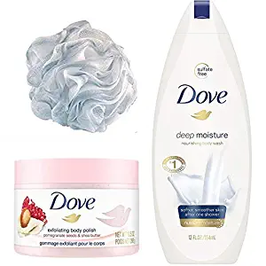 Limited Edition Dove Nourishing Beauty Gift Set - Exfoliating Body Polish Pomegranate Seeds and shea Butter, Dove Body Wash Deep Moisture and Body Pouf