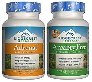 Ridgecrest Herbals Adrenal Fatigue Fighter and Anxiety Free Bundle with Asian Ginseng Root, Holy Basil Extract, and Lemon Balm, 60 capsules each