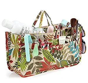 Cosmetic Bag for Women Cute Printing 14 Pockets Expandable Makeup Organizer Purse with Handles (Leaf)