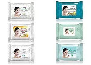 Epielle Assorted Makeup Remover Facial Cleansing Wipes Towelettes - 30ct (Sheets) per pack, 1-Aloe Vera, 1-Argan Oil, 1-Collagen & Vitamin E, 1-Green Tea, 1-Cucumber, 1-Vitamin C, Total 6 packs