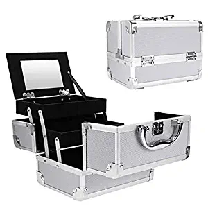 Aluminum Makeup Train Case,Mini Makeup Organizer Jewelry Cosmetic Box with 2 Trays, Mirror and Key Lock (silver)