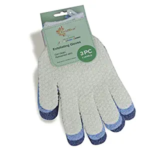 EvridWear Exfoliating Dual Texture Bath Gloves for Shower, Spa, Massage and Body Scrubs, Dead Skin Cell Remover, Gloves with hanging loop (3 Gloves Not 3 pair)