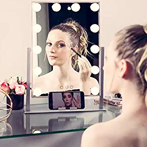 Rebel Poppy Makeup Vanity Mirror with Lights - Lighted Cosmetic Vanity Mirror with Phone Holder, 3 Colour Touch Control with Dimmable LED Bulbs, Hollywood Style Makeup Mirror, Silver
