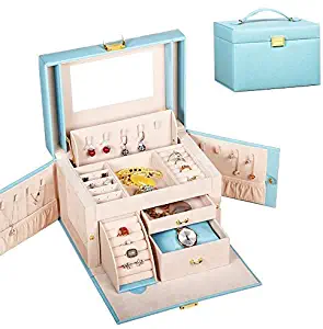 YXZQ Storage Box, Leather Jewelry Box Jewelry Box European Jewelry Storage Box Multifunction Fleece Wood with Lock Makeup Mirror Storage Box Pink (Color : Blue)